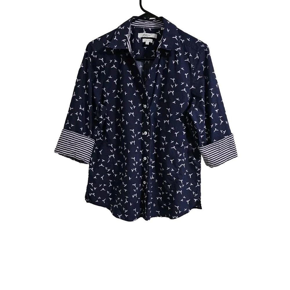 Foxcroft Easy Care NYC Womens Button-Down Shirt‎ Medium Blue Bird Print Casual